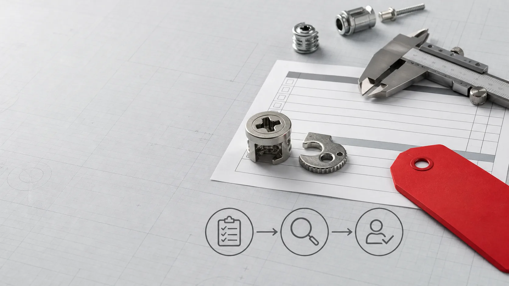 Generic cabinet lock components beside a deviation review record and red hold tag