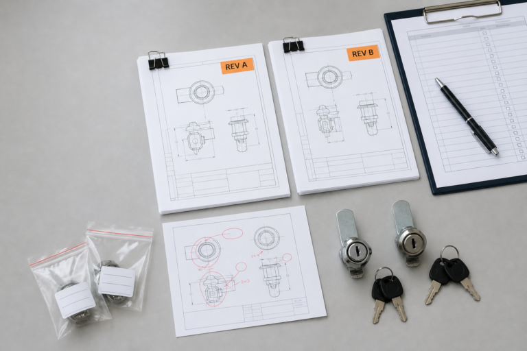 Rev A and Rev B lock drawings beside generic cam lock samples and a change-control checklist