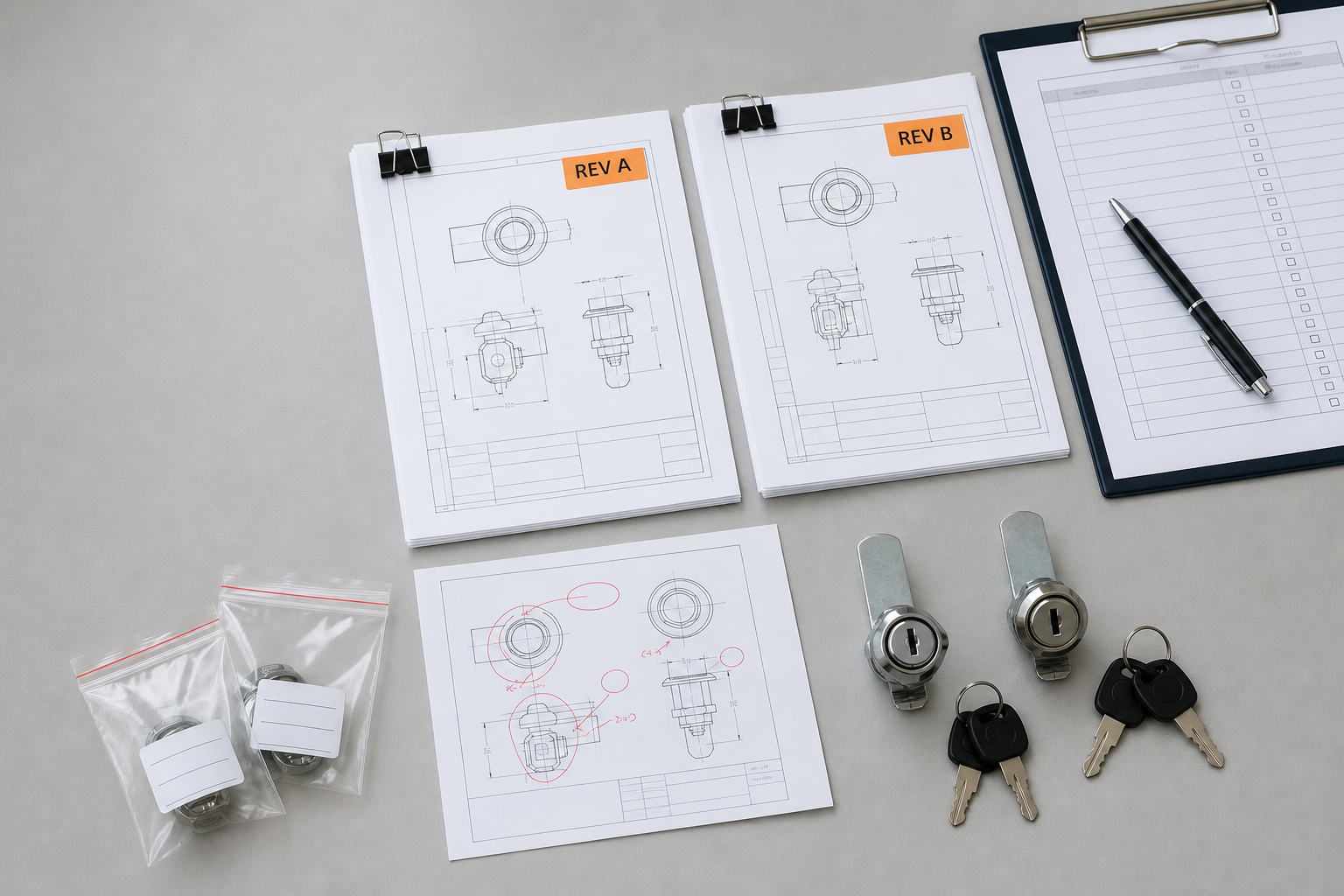 Rev A and Rev B lock drawings beside generic cam lock samples and a change-control checklist