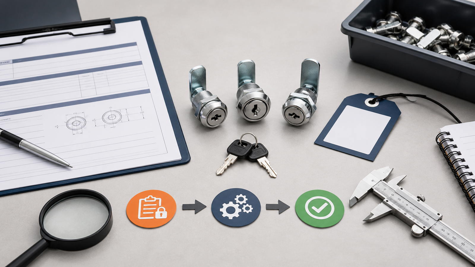 Generic cam locks beside an inspection record and corrective-action workflow markers