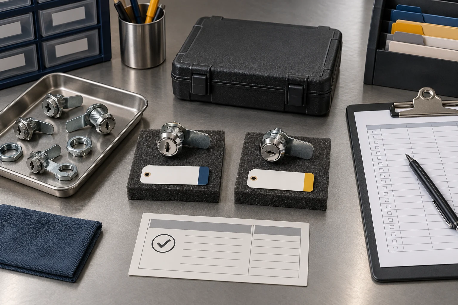 Approved cam lock reference samples, custody tags, storage case, and retention log on a quality-control workbench