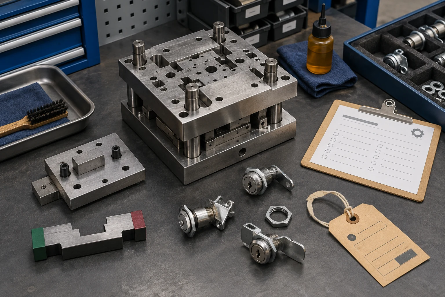 Lock production tooling, gauges, asset tag, and maintenance checklist arranged on a quality-control workbench