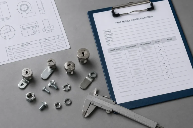 Generic cam lock components beside a first article inspection record