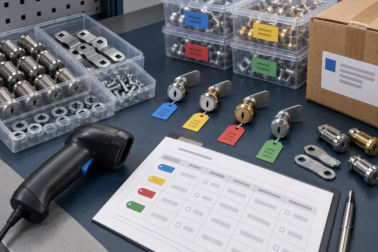 Cam lock components, colored lot tags, scanner, shipping carton, and traceability worksheet on a quality-control bench