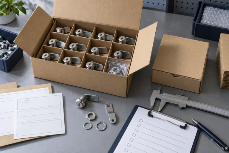 Cam locks arranged in protective carton dividers beside a packaging approval checklist