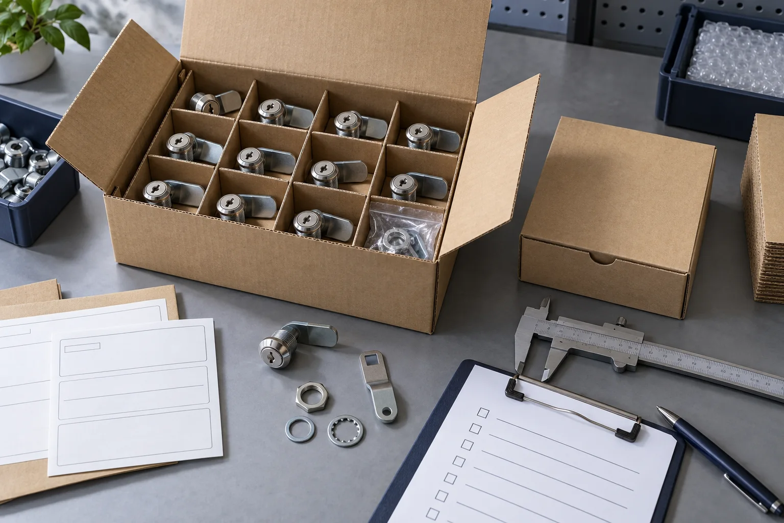 Cam locks arranged in protective carton dividers beside a packaging approval checklist