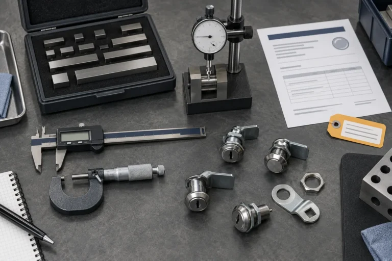 Caliper, micrometer, dial indicator, gauge blocks, cam locks, and a calibration record on a quality-control workbench