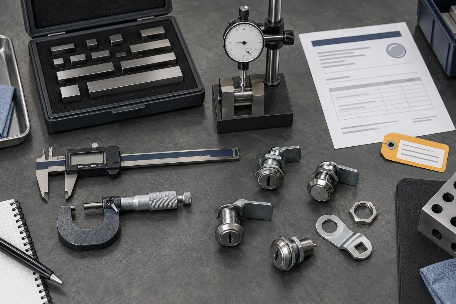 Caliper, micrometer, dial indicator, gauge blocks, cam locks, and a calibration record on a quality-control workbench