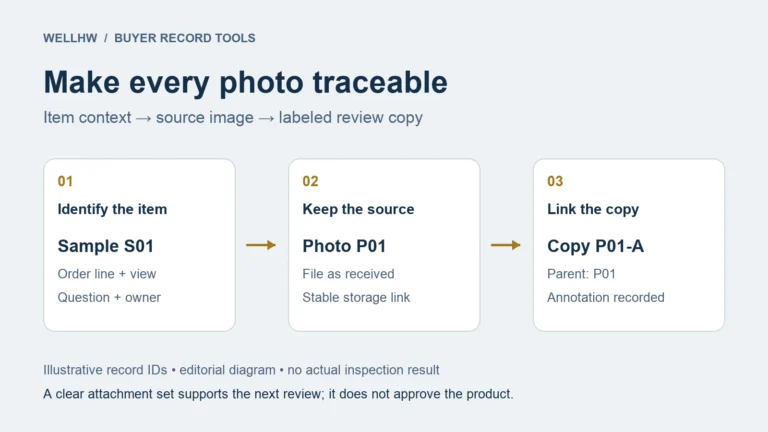 Diagram linking sample S01 to source photo P01 and annotated review copy P01-A.