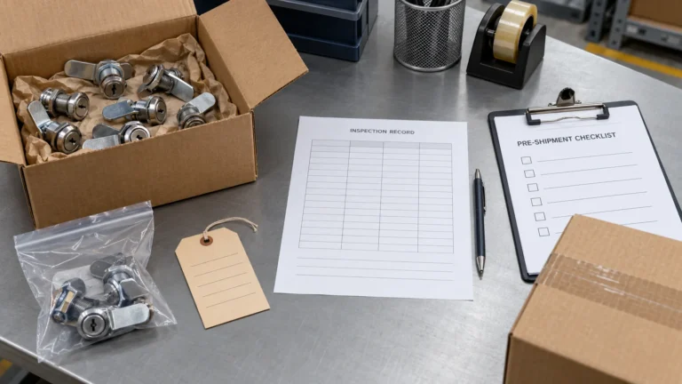 Generic cabinet cam locks beside a blank inspection record and pre-shipment checklist